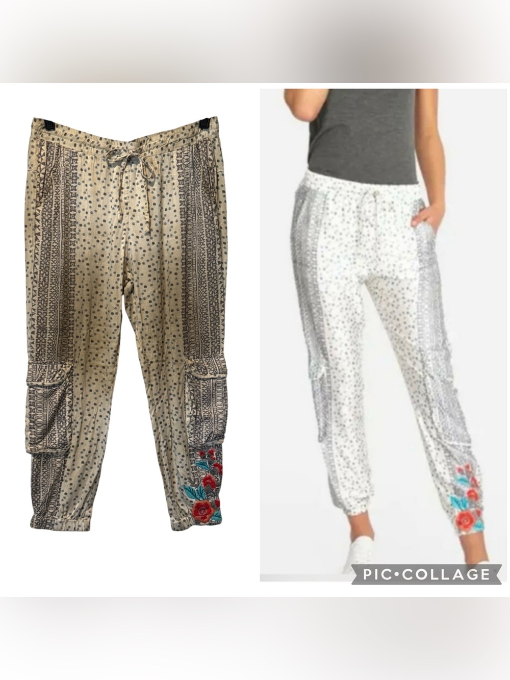 Johnny Was Mazy Embroidered Cargo Jogger Pants Cream Multi Size S
